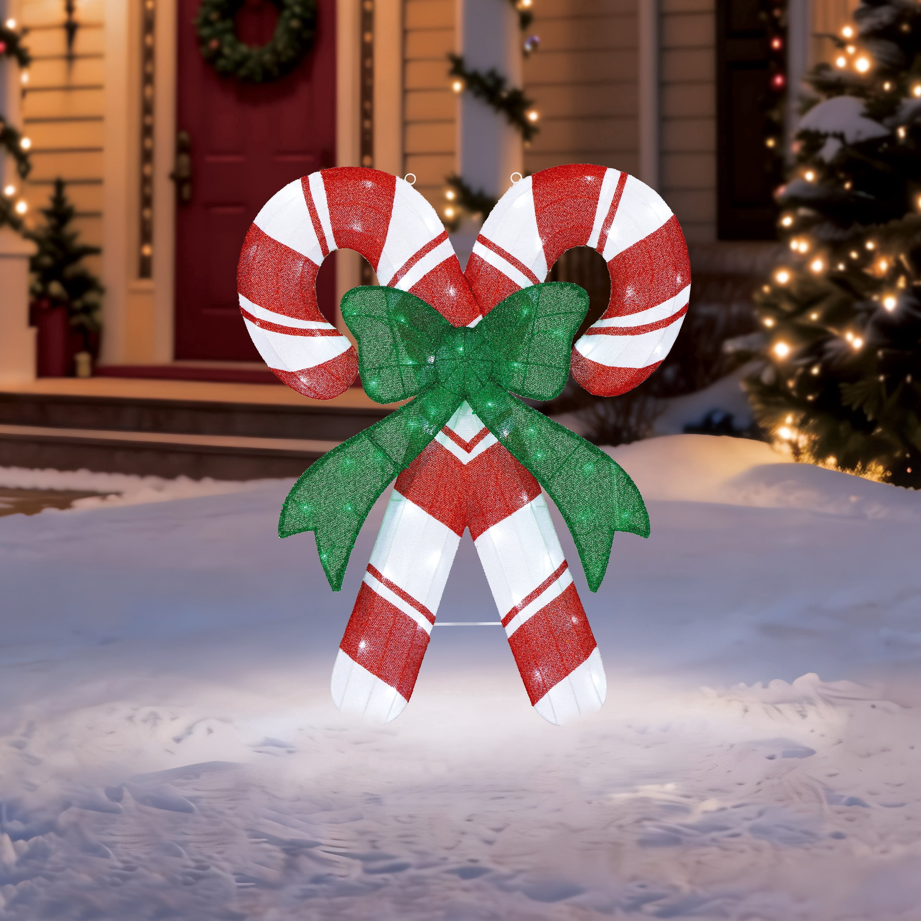 Indoor/Outdoor Light-Up Tinsel Candy Cane Christmas Decoration with 60 Twinkling LED Lights, Warm White, 36", by Holiday Time
