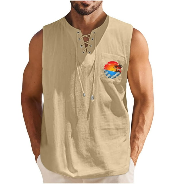 Camisetas de Verano para Hombre, Corbata Casual de Color Sólido sin Mangas Cuello Redondo Camiseta de Camiseta Hecha de 60% Algodón 40% Lino, Bajo Camisetas para Hombres