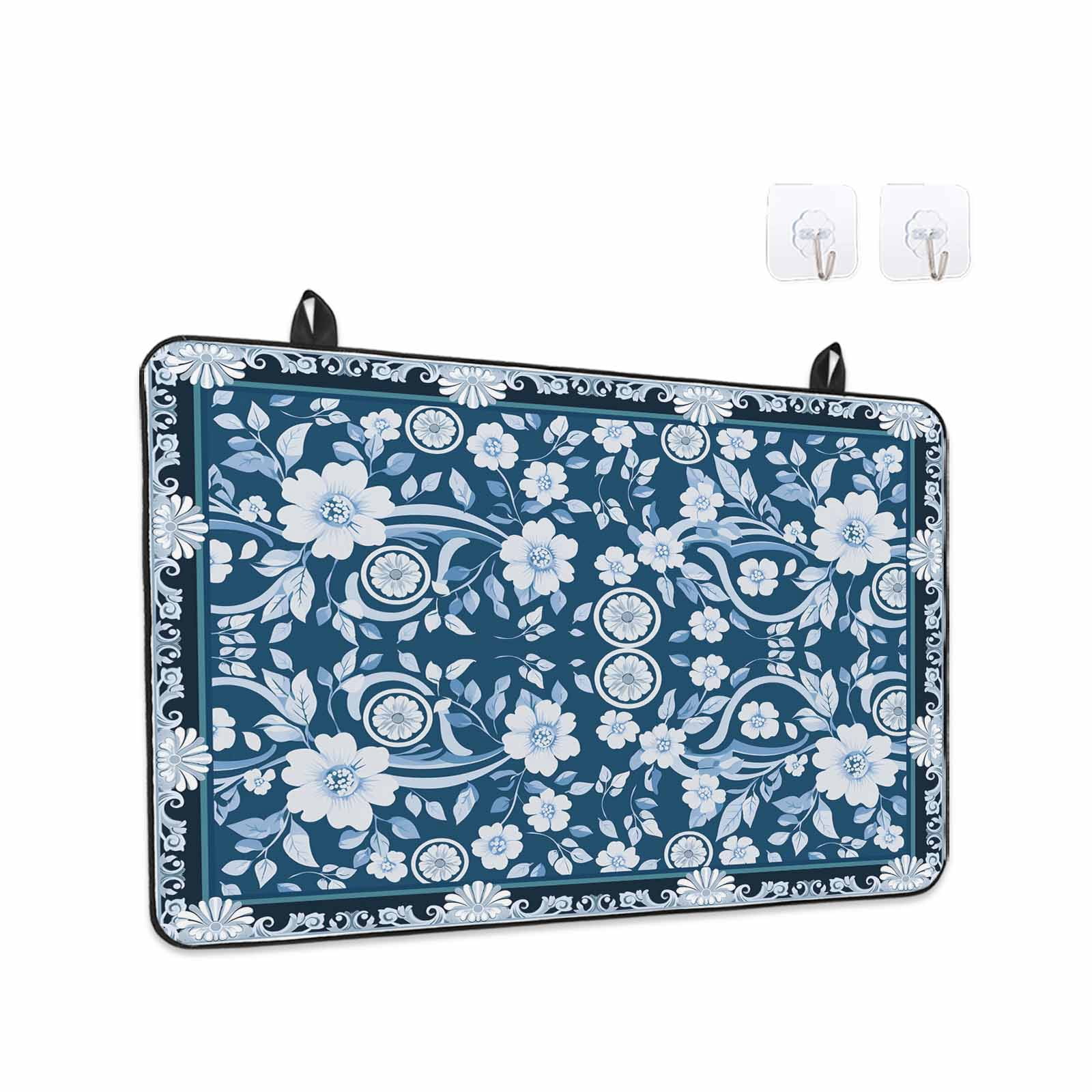 Blue White White Flowers Stove Top Cover for Electric Stove, Heat-proof & Non Slip Glass Top Stove Cover Protector, Rustic Vintage Botanical Leaves Kitchen Flat Cooktop Rubber Mat 24x21 Inches