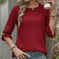thumbnail image 6 of WTOBBY Women's Waffle Knit Round Neck 3/4 Sleeve Solid Color Casual Top for Spring Fall Season Comfortable Everyday Wear and Layering,Red 2XL, 6 of 7