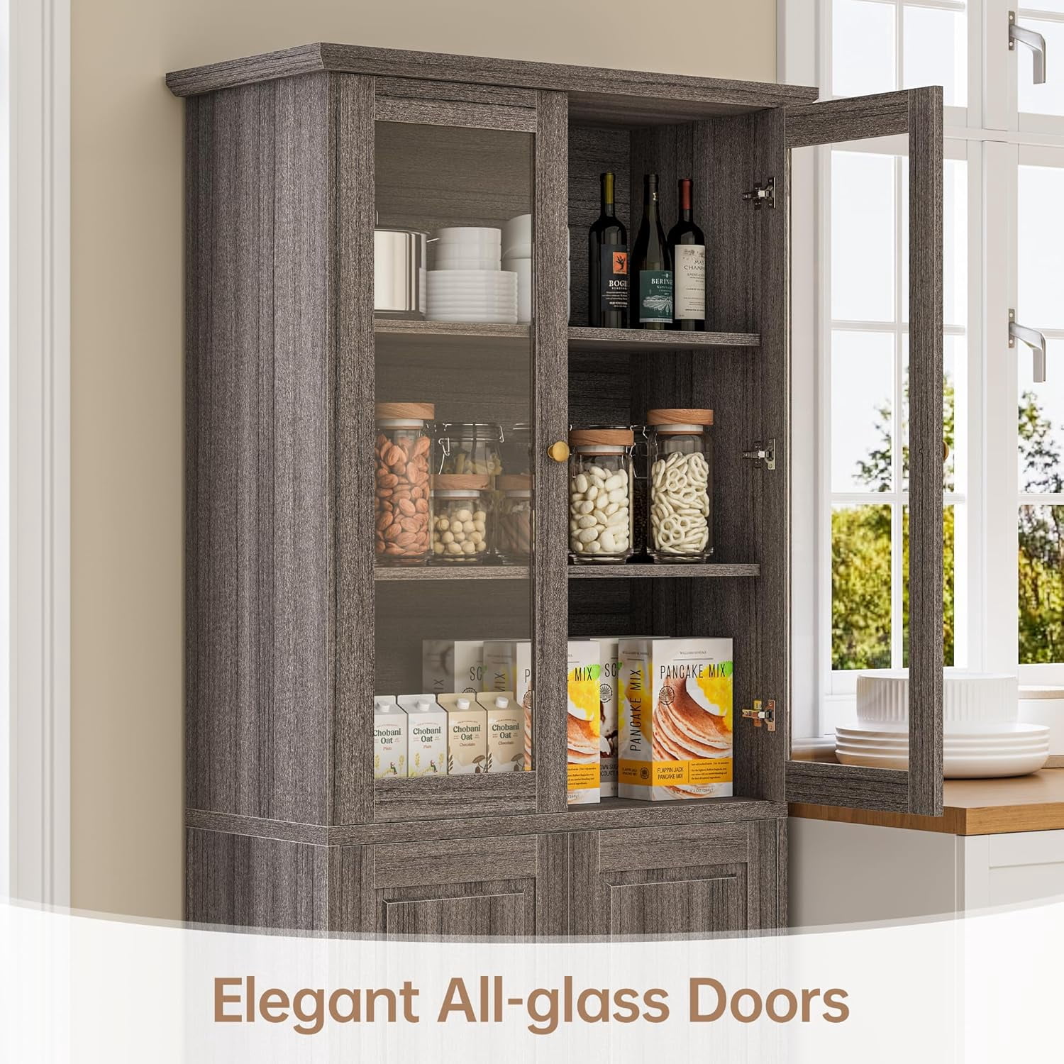 SELOOYE Modern Pantry Cabinet, 71-inch Tall Glass Display with Wood Doors, Adjustable Shelves, Grey