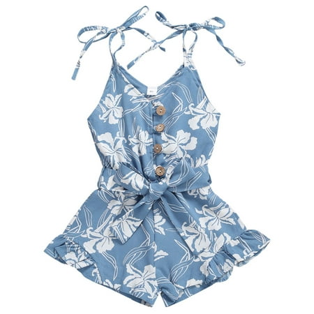

Emmababy Baby Girls Summer Sleeveless Romper V Neck Button Lace-up Floral Print Jumpsuit