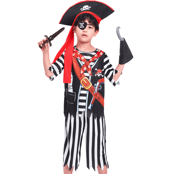 Kids Boys Deluxe Pirate Costume, Fancy Dress Accessories 6 Pieces for Halloween Carnival Party 3-10 Years