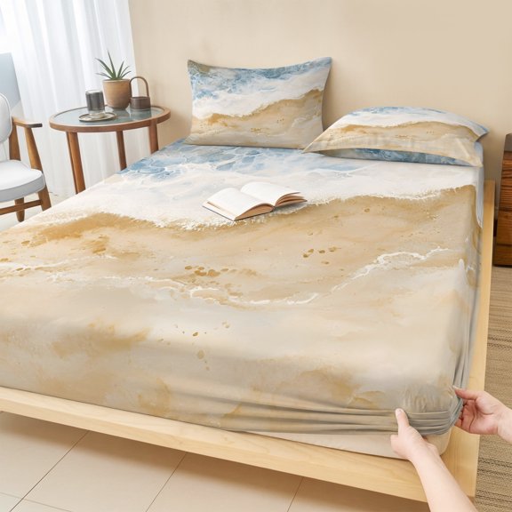Full Size Fitted Sheet Set - Coastal 3 Piece Bedding Sets 16" Deep Pocket Fitted Sheet with 2 Pillowcases Summer Beach Nautical Seaside Blue Beige Brushed Microfiber Hotel Luxury Bed Sheets