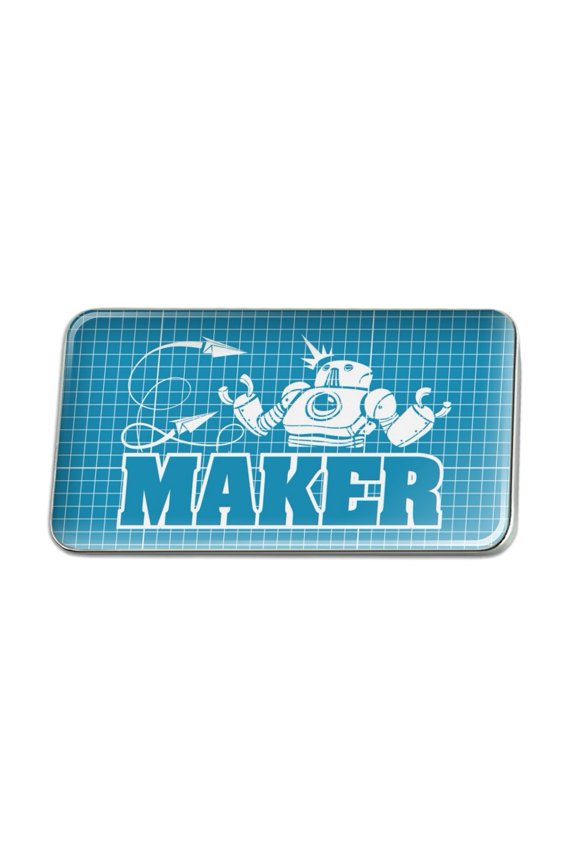 Maker Blueprint Design with Robot and Gears Metal Rectangle Lapel Hat Pin Tie Tack Pinback