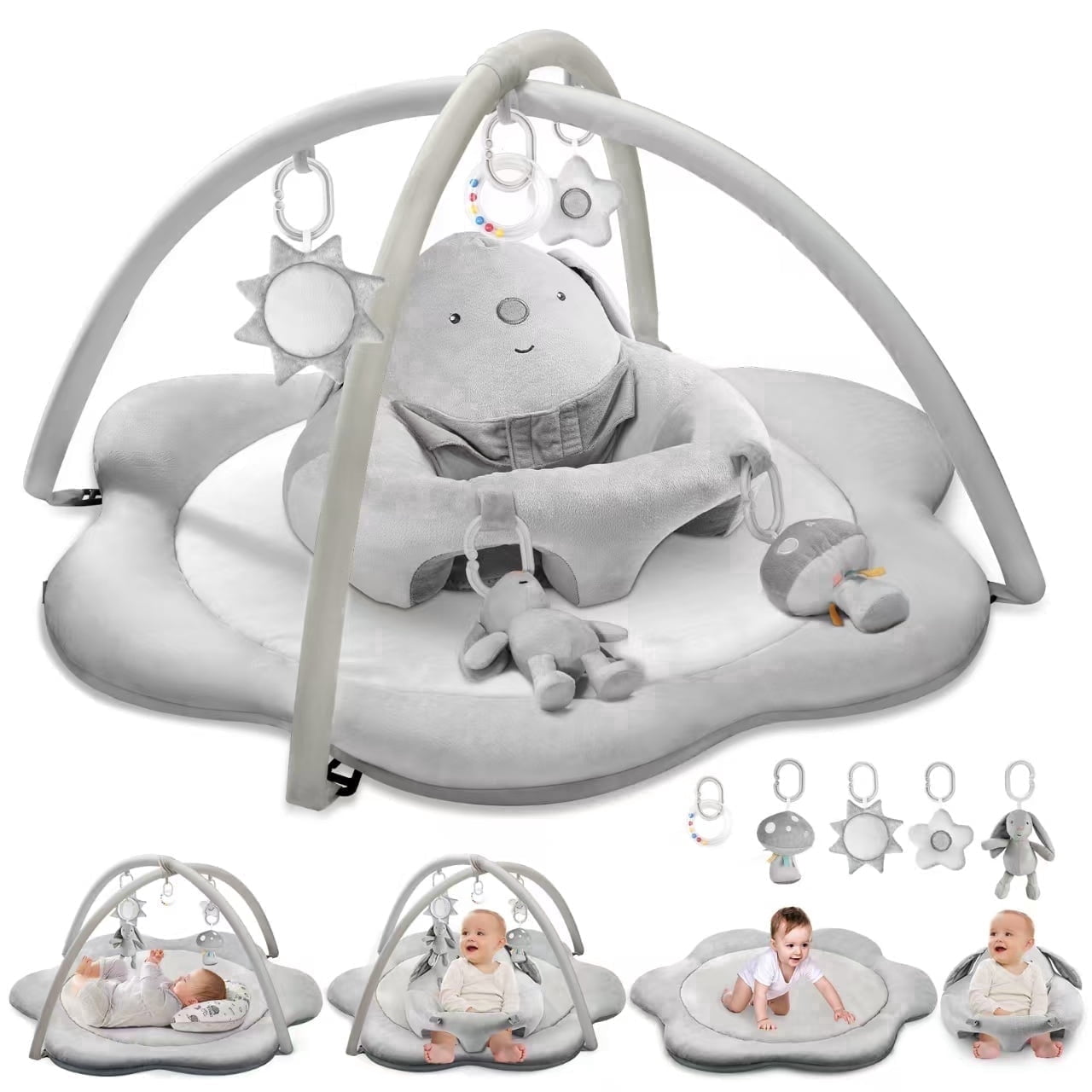 Baby Gym Play Mat, Sitting-up Babies Seats for Infants,with 5 Detachable Toys, Infant Toddler Activity Tummy Time Playmats for Newborn 0-12 Months, Grey