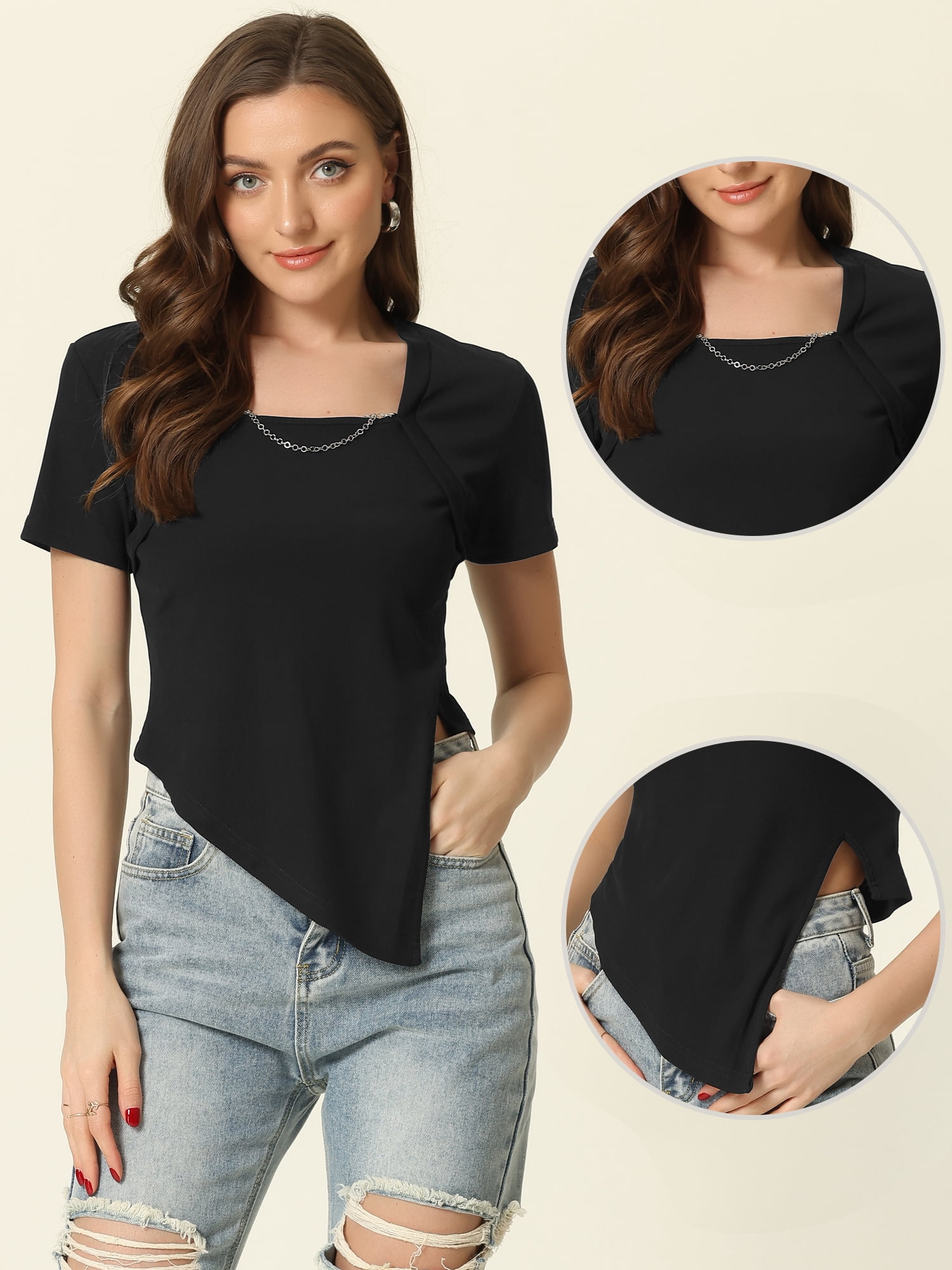 Unique Bargains Asymmetrical Crop Top for Women's Short Sleeve Square Neck T-shirt XS Black