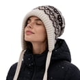 thumbnail image 2 of Zylanna Women's Knitted Earflap Beanie, Drawstring Oversized Warm Heavyweight Stretchy Jacquard Pattern Slouchy Winter Ski Hat for Cold Weather Beige, 2 of 8