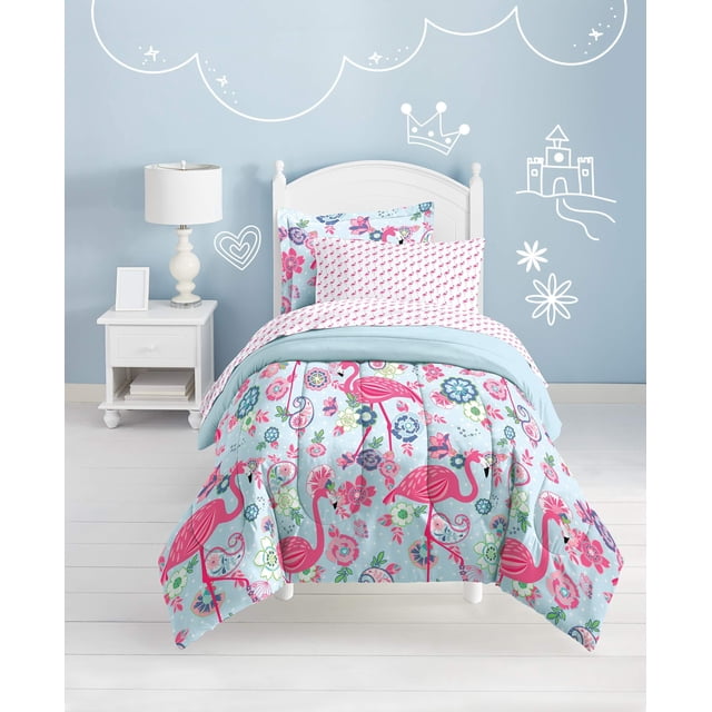 dream FACTORY Kids 5-Piece Complete Set Easy-Wash Super Soft Microfiber Comforter Bedding, Twin, Pink Flamingo