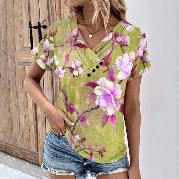 Fiudx Camisetas para Mujer Top Informal de Primavera y Verano de Manga Corta con Cuello En V para Mujer
