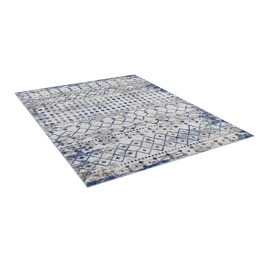 5x7 Blue Cream Geometric Rug Medium Pile Stain Fade Resistant Non-Slip Latex Backing Easy Clean for High-Traffic Living Room