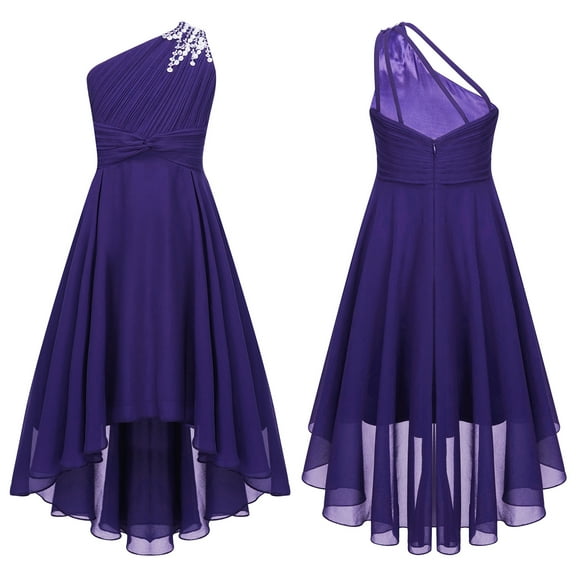 YONGHS Kids Girls One Shoulder Formal Gown High Low Hem Evening Dress Purple 12