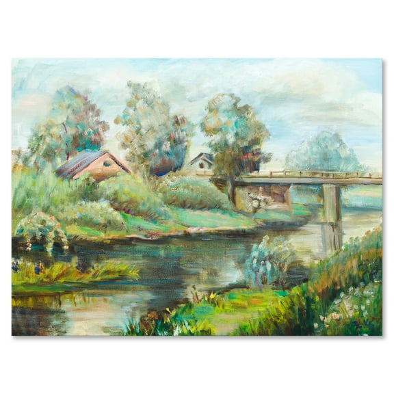 Designart ' Rustic Landscape With Bridge On The River ' Lake House Canvas Wall Art Print