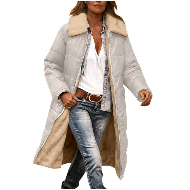 WRKEKC Coats for Women Winter Solid Color Loose Pocket Zip-Up Reversible Long Length Collared Cotton Coat Womens Reversible Cotton Coat for Winter Versatility