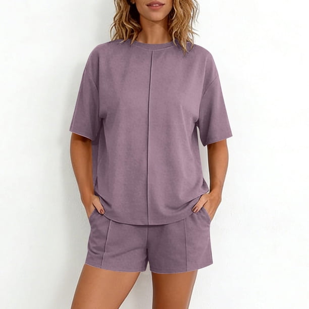 Pantalones Verde Olivo Mujeres Moda Color Sólido Manga Corta suelta Cuello Redondo Túnica Top y Shorts Set Túnica Conjunto para Mujeres