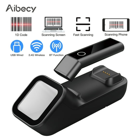 Aibecy 3-en-1 Lecteur de Code à Barres Portable 1D Lecteur de Code à Barres Support BT & 2.4G Sans Fil & Connexion Filaire USB avec Charge & Base de Numérisation Compatible avec Windows Android iOS pour la Logistique des Supermarchés