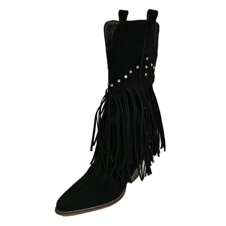 

ZIZOCWA Women Dress Shoes Womens Slip On Winter Boots Mid Calf Women S Autumn Winter Fashion Suede Double Layered Tassel Pearl Chunky Heel Pointed Toe Mid Long Boots Women Dress Boots No Heel