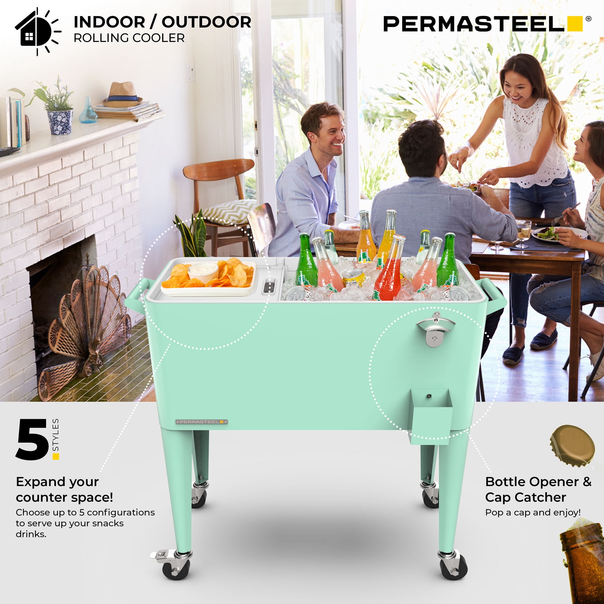Permasteel Party Cooler with Divider, Spacious 80-Qt Capacity, Chills 36hrs, Serving Tray, Rolling Ice Chest for Indoor and Outdoor Entertainment, Matte Mint