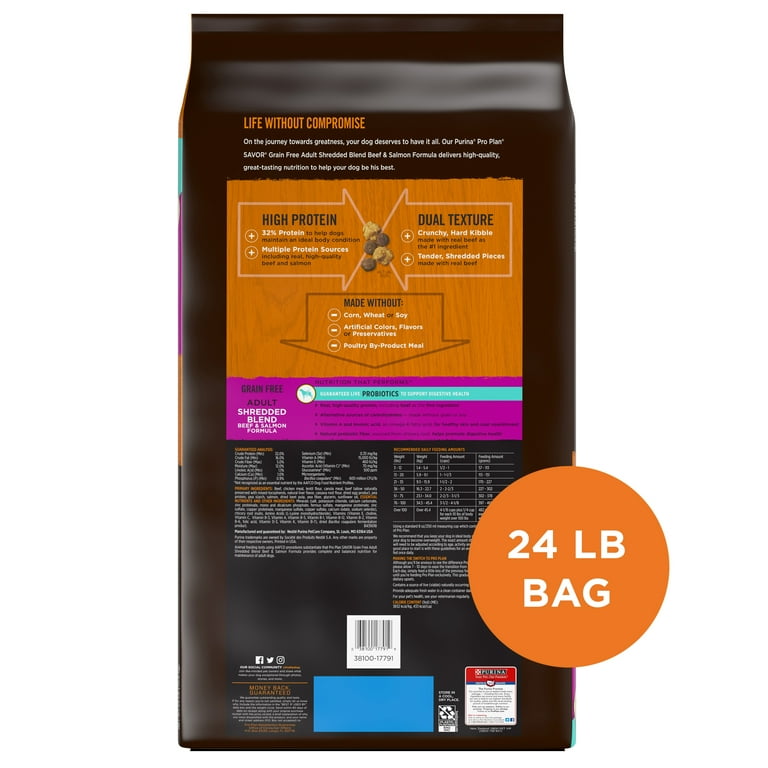 Purina Pro Plan With Probiotics Grain Free High Protein Dry Dog Food SAVOR Shredded Blend Beef Salmon 24 lb. Bag Walmart