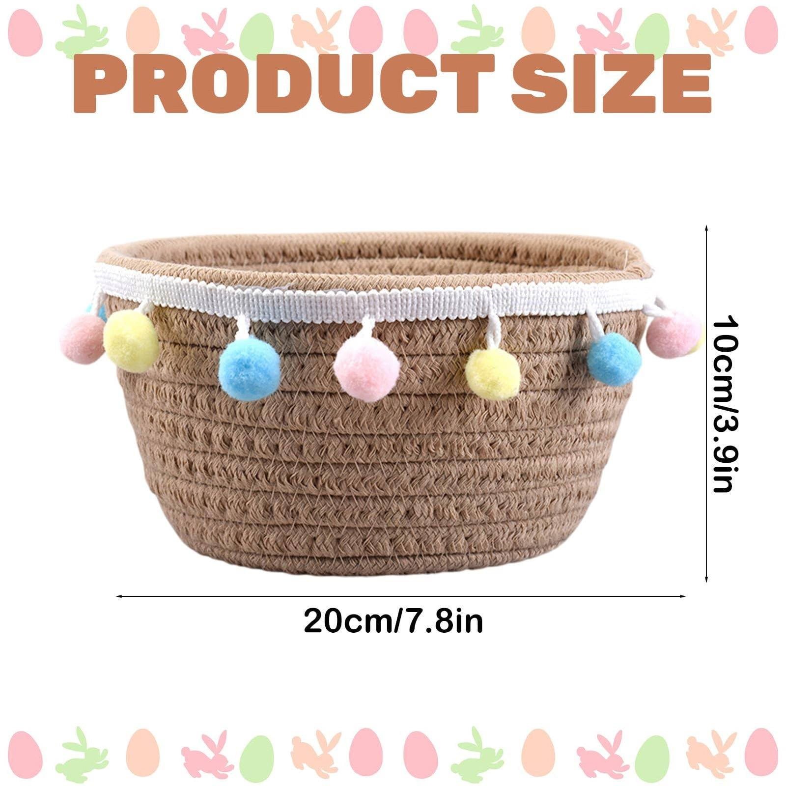 Piwvid Woven Easter Basket with Pompoms - Decorative Round Sundries Organizer | Portable Easter Egg Storage & Bedroom Decor | Handmade Cute Girls’ Holiday Display Tray