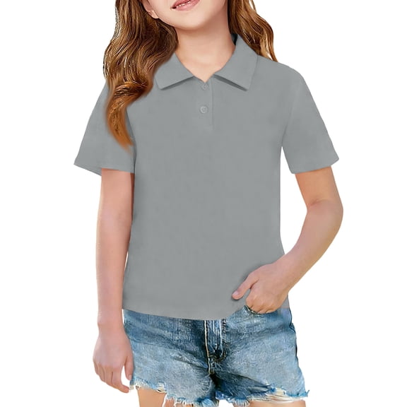 Dwellite Girl Polo Shirt Short Sleeve School Uniform Polo Shirts Golf Shirts for Kids Youth(Age 3-12) Gray 130