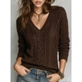 thumbnail image 5 of Women's Dark Brown V-Neck Cable Knit Sweater, Casual Long Sleeve Pullover, 5 of 8