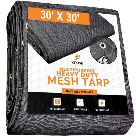 Xpose Safety Heavy Duty Mesh Tarp – 30 x 30 Multipurpose Black Protective Cover with Air Flow - Use for Tie Downs Shade Fences Canopies Dump Trucks – Weather and Tear Resistant