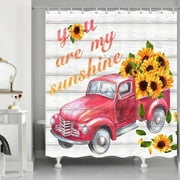 Red Truck Shower Curtain Sets Farm Car Sunflower Vintage Door Washable Waterproof Bath Decor 72x72 inch with 12 Hooks Durable for Bathroom