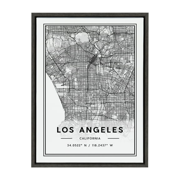 Kate and Laurel Sylvie Los Angeles Modern Map Framed Canvas Wall Art by Jake Goossen, 18x24 Gray, Decorative Map Art for Wall