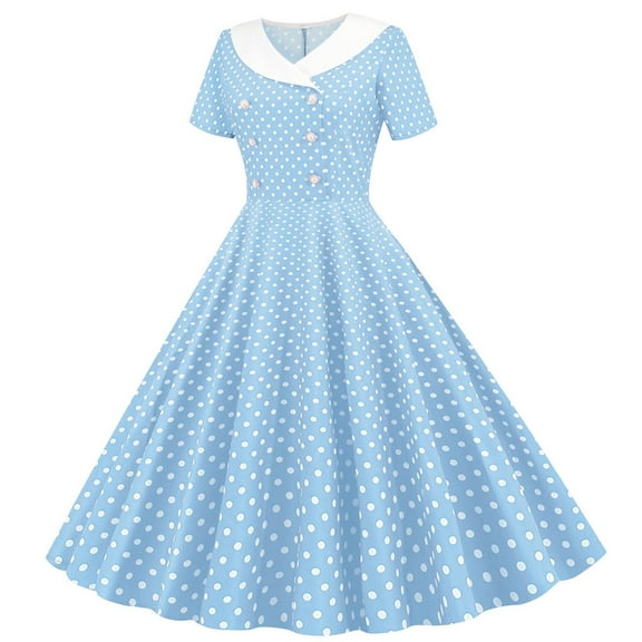 Xdegoge Retro Dresses for Women A-Line Short Sleeve Peter Pan Collar Swing Dress Button Down Midi Dresses Polka Dot 1950S Vintage Tea Party