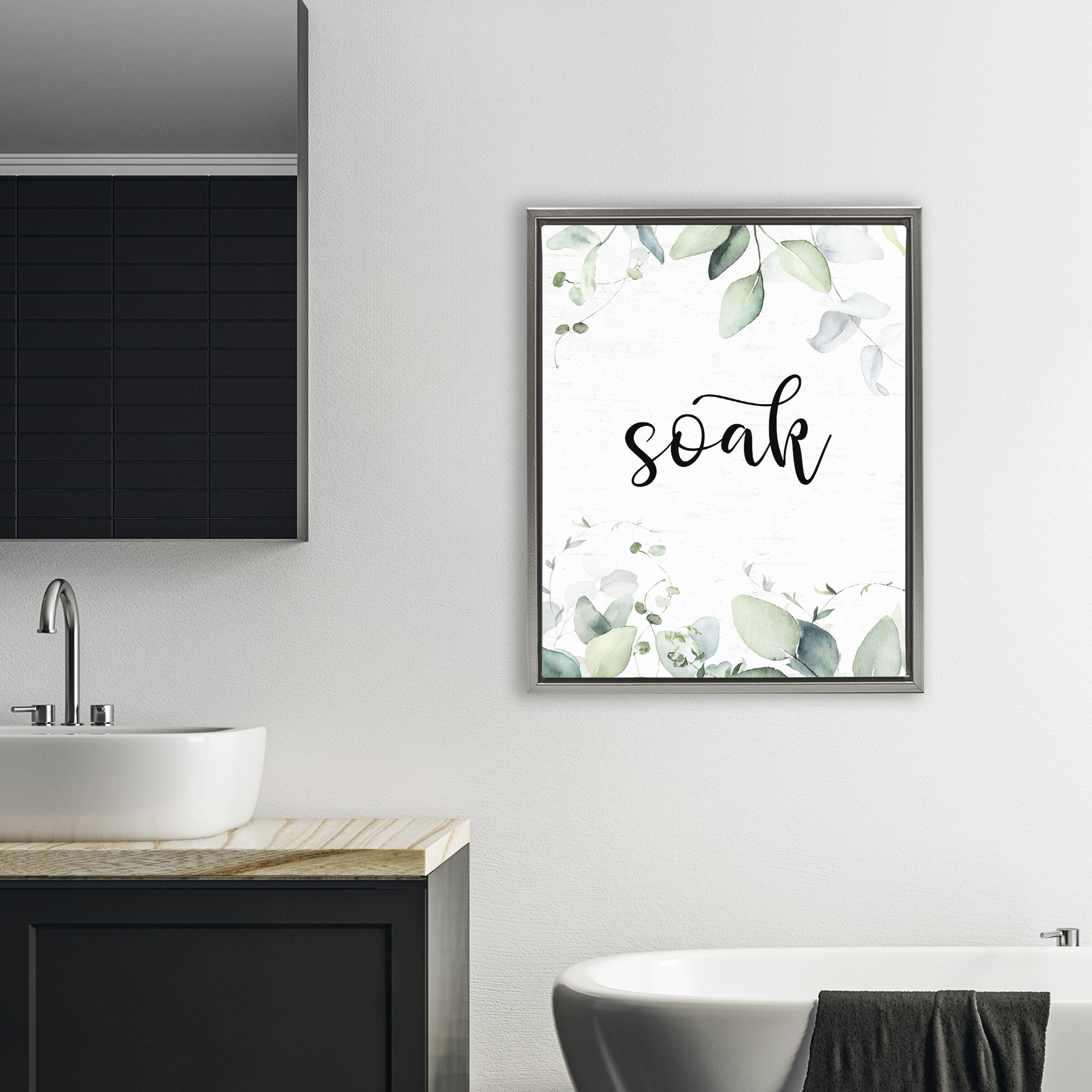 Soak Leafy Herbs Gray Framed Floater Canvas Wall Art, design by Lettered and Lined