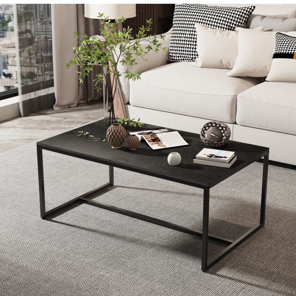 Mesa de centro de piedra sinterizada para sala de estar, mueble Rectangular con marco de Metal negro, color gris