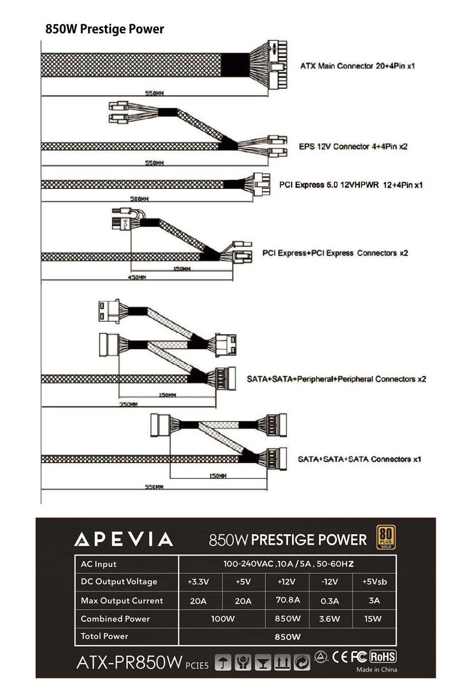 Apevia ATX-PR850W PCIe 5.0 & ATX 3.0 Ready Prestige 850W 80+ Gold Certified, Gen 5 12VHPWR Connector, Active PFC ATX Gaming Power Supply