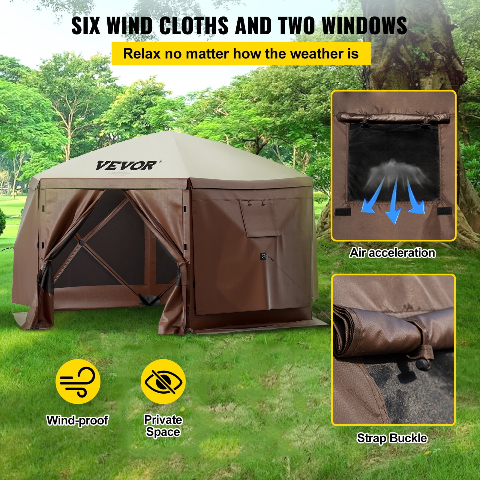 VEVOR Gazebo Screen Tent, 12 x 12 ft, 6 Sided Pop-up Camping Canopy Shelter Tent with Mesh Windows, Portable Carry Bag, Ground Stakes, Large Shade Tents for Outdoor Camping, Lawn and Backyard
