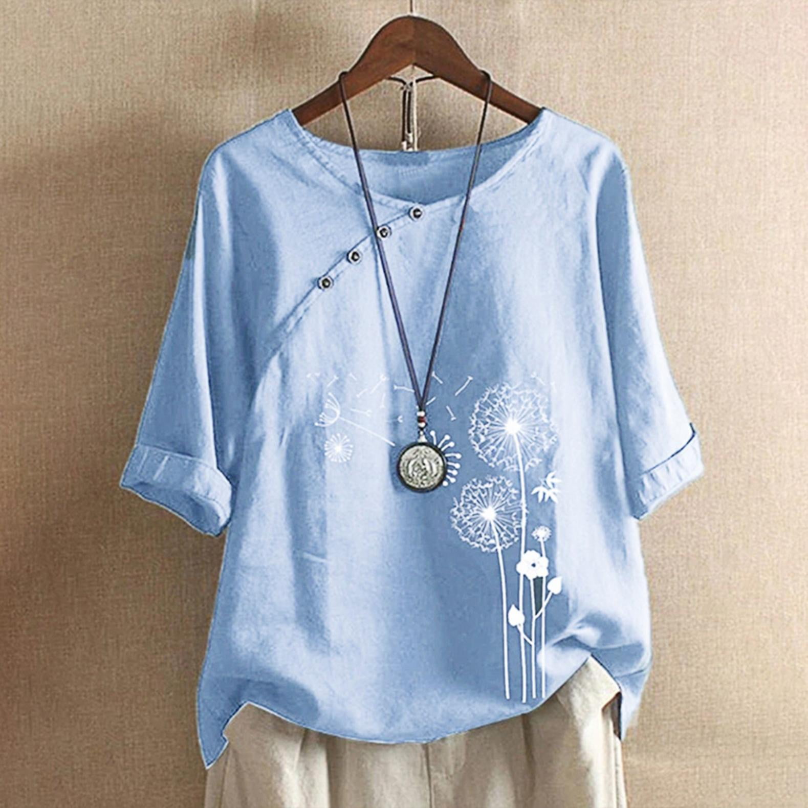 Summer Womens Cotton Linen Short Sleeve Tops Trendy Dandelion Button ...