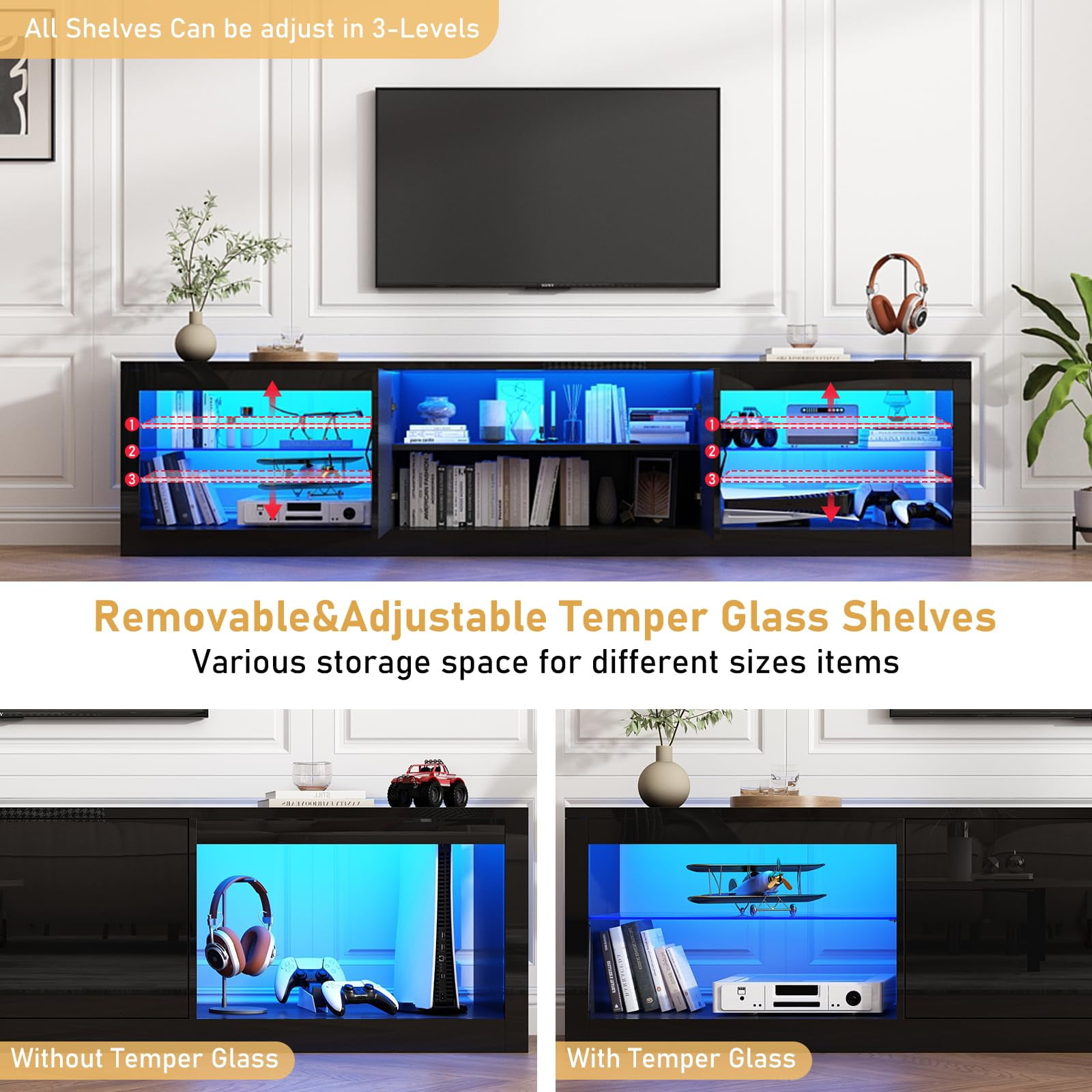 ChVans Large LED TV Stand for 85/90/100" TV with Power Outlets, Living Room Entertainment Center with Storage Drawers&Cabinets Furniture, Black High Gloss TV Cabinet Console Table-86.6"