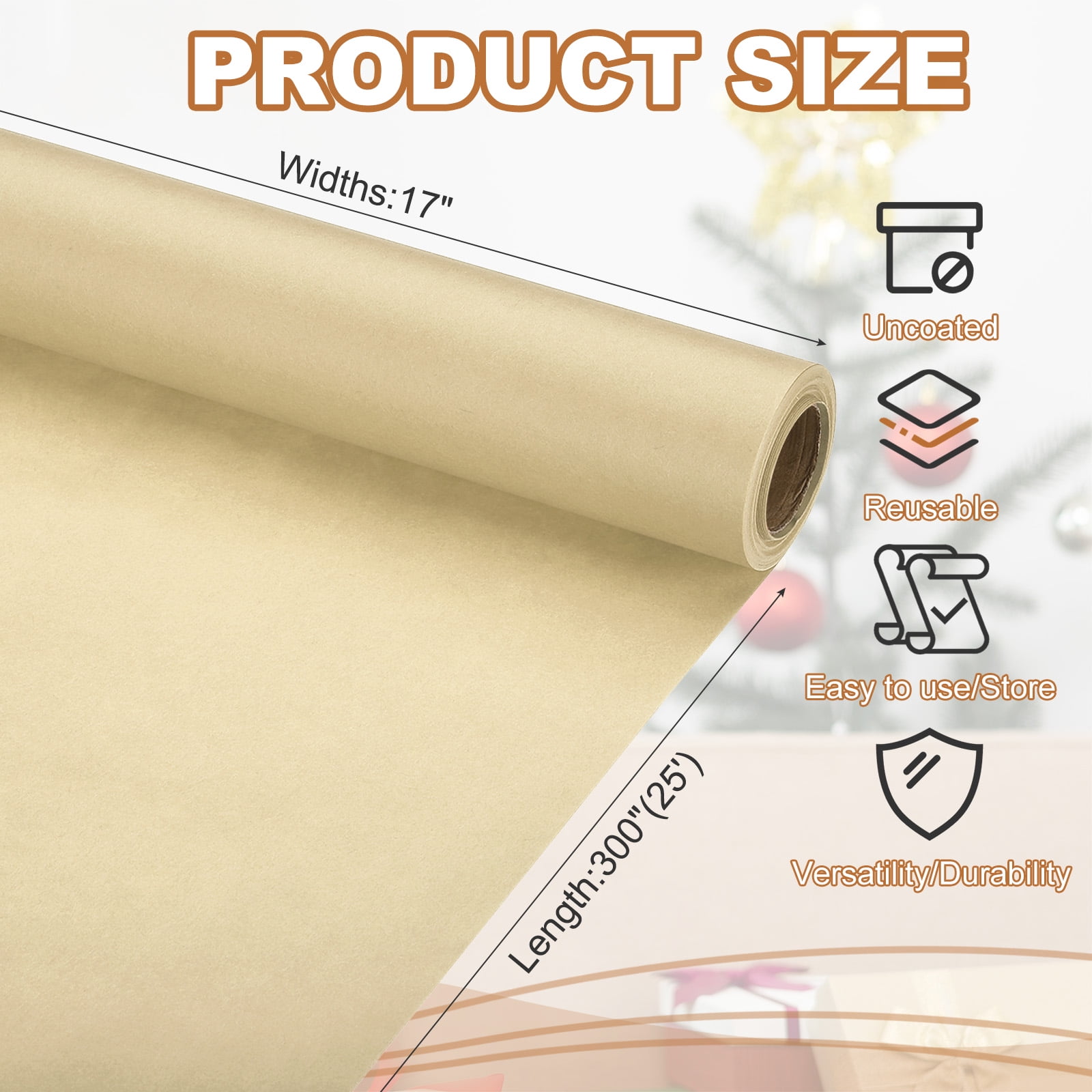 Uxcell 1 pack Wrapping Paper, Craft Paper Packing Paper 17" x 300"(25') Brown