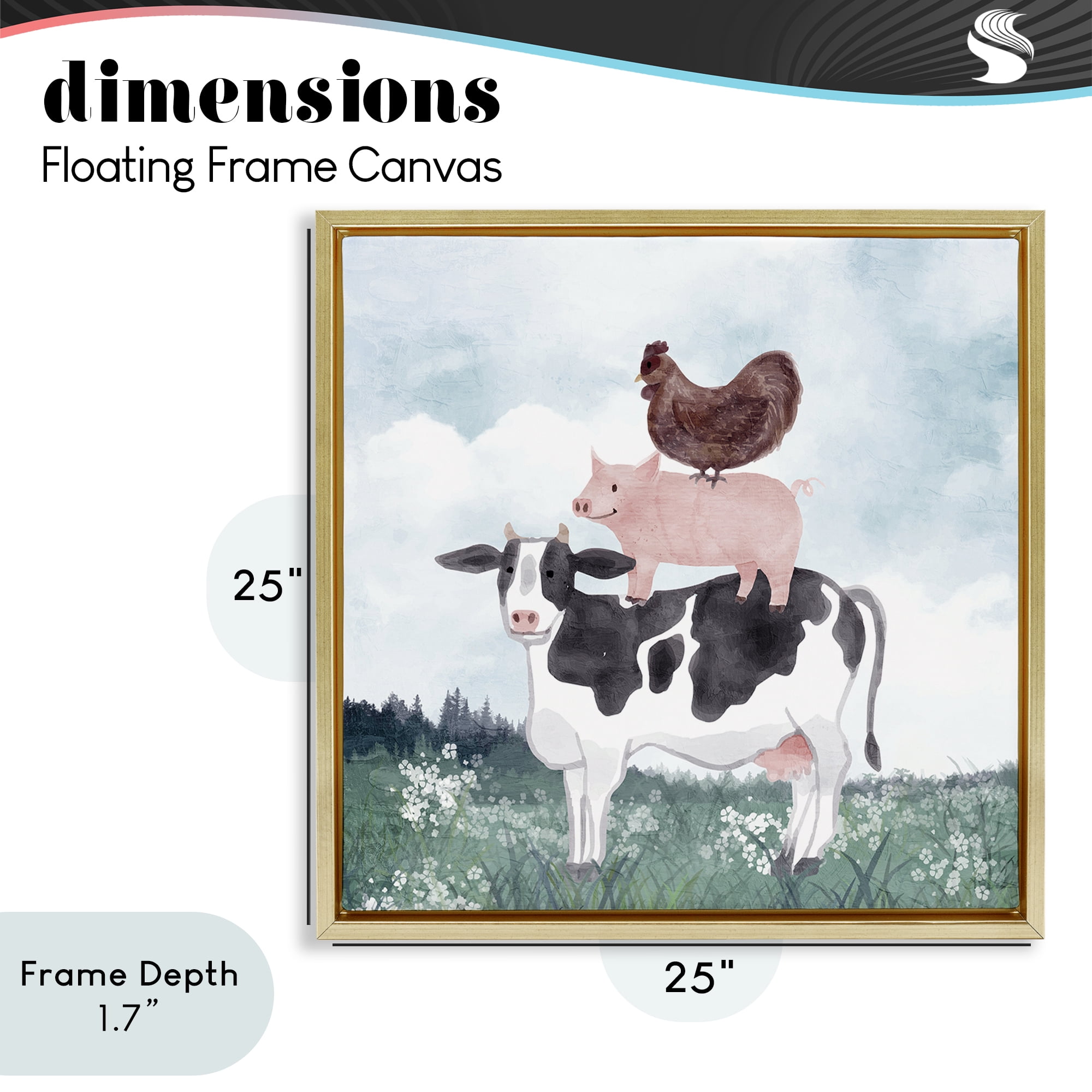 Stupell Industries Muted Stacked Farm Animals Gold Framed Floater Canvas Wall Art, design by Kim Allen