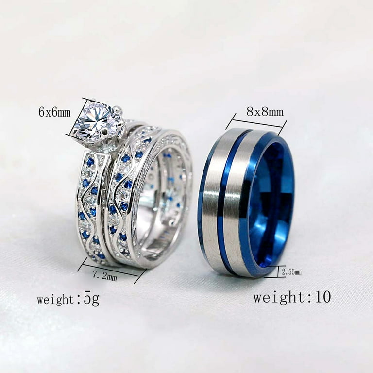 Couples Rings Sterling Silver Blue Diamond Wedding Engagement Ring