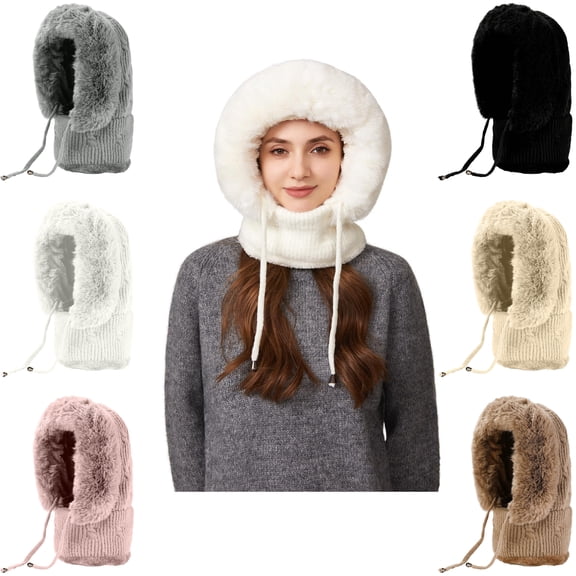 Vggrvlo Under 10 3 in 1 Beanie Hat with Scarf and Mask Thick Plush-Lined Warm Face Cover Hat Cap Scarf Best Valentines Day Decorations White