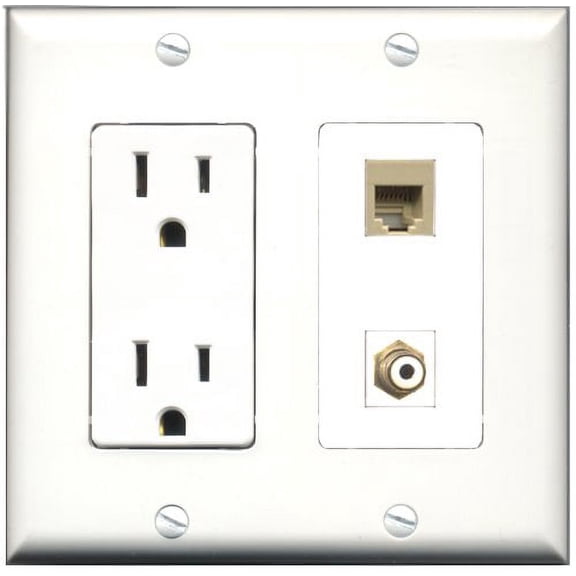 RiteAV - 15 Amp Power Outlet and 1 Port RCA White and 1 Port Phone RJ11 RJ12 Beige Decorative Type Wall Plate White