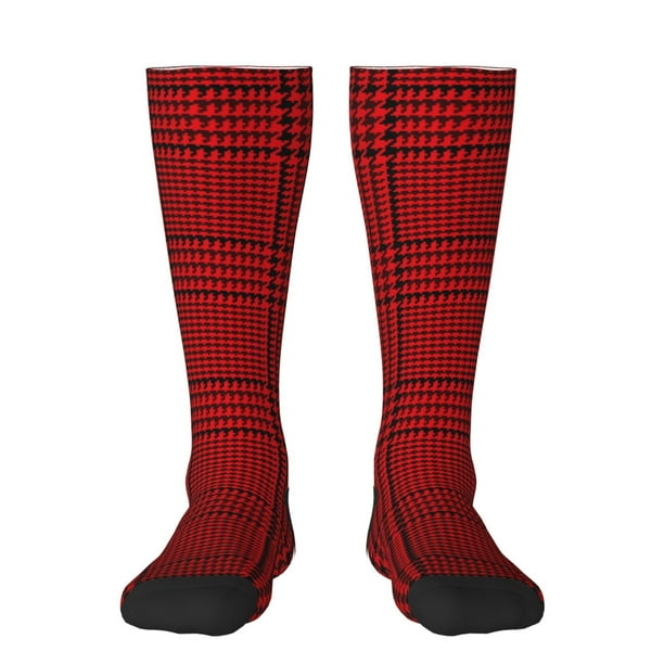 Fotbe Red Black Houndstooth Calcetas Divertidas Estampadas para Hombre y Mujer, Calcetas de Algodón hasta la Rodilla para Caminar, Correr, Enfermería y Embarazo