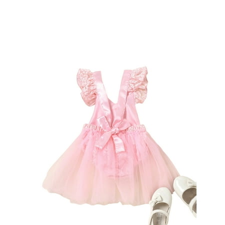 

Nokpsedcb Baby Girl One 1st Birthday Outfits Princess Lace Ruffle Short Sleeve Romper Tulle Tutu Dress Bodysuit Jumpsuit Party Dress Pink 9-12 Months