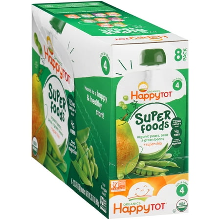 Happy Tot Organics Super Foods Pears, Peas & Green Beans + Super Chia Stage 4 Baby Food, 4.22 oz, 8 count