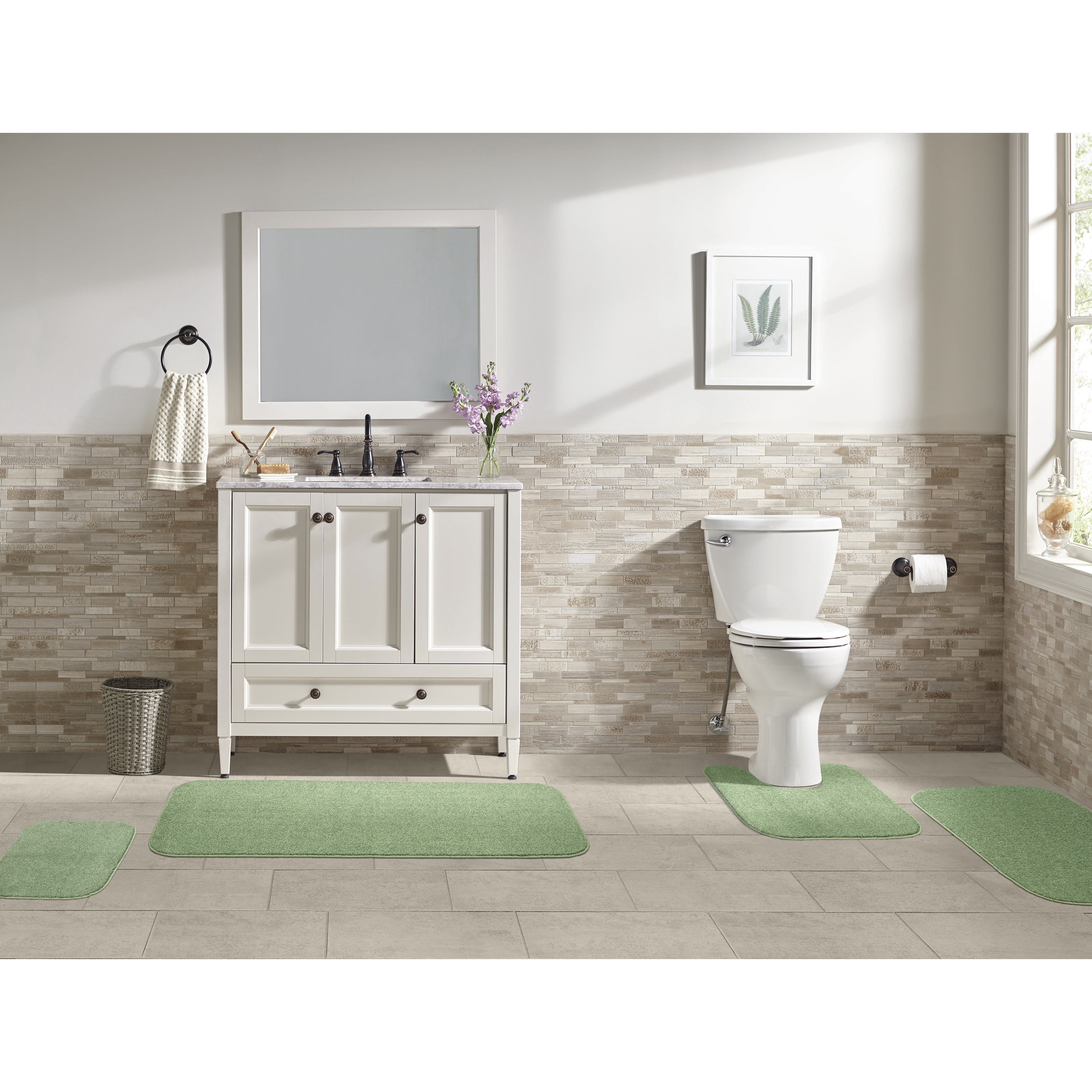 Garland Rug Sedona Washable Bath Rug Set, 4 Piece Set (2 Bath Rugs, Contour Rug, Runner Rug) Deep Fern