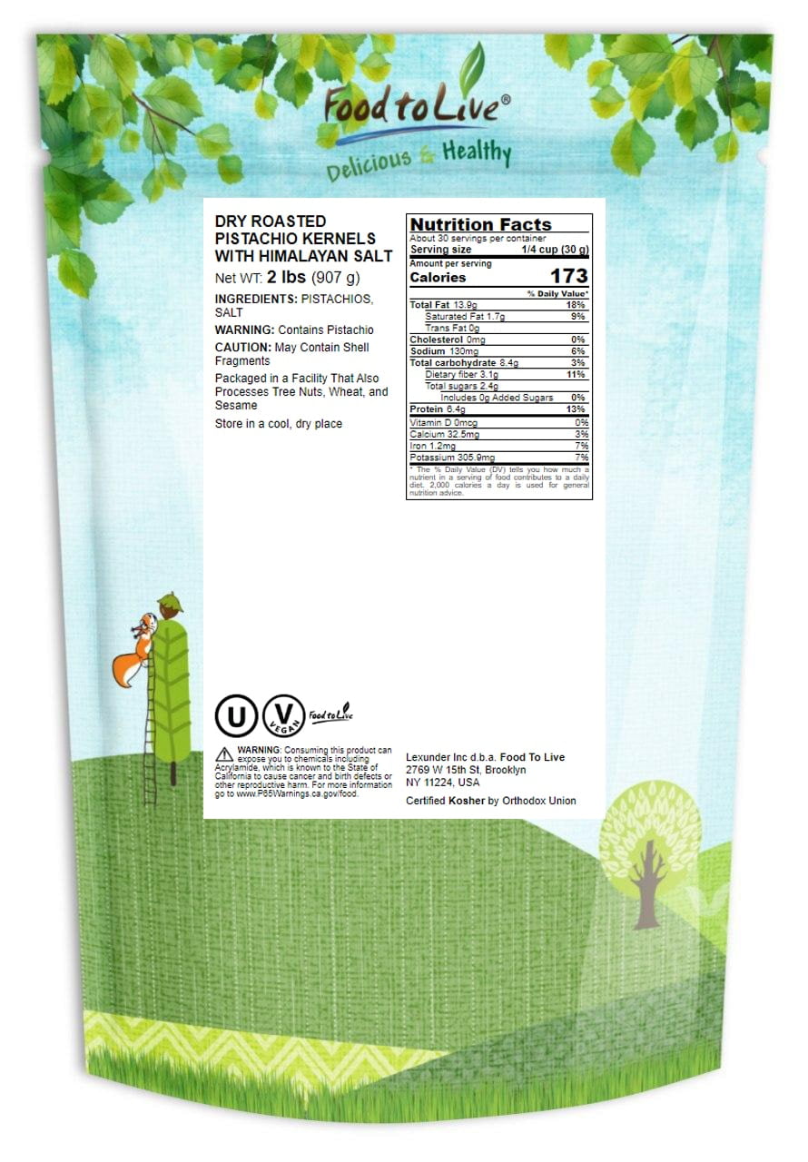 Dry Roasted Pistachio Kernels with Himalayan Salt, 2 Pounds — Kosher, Vegan — by Food to Live