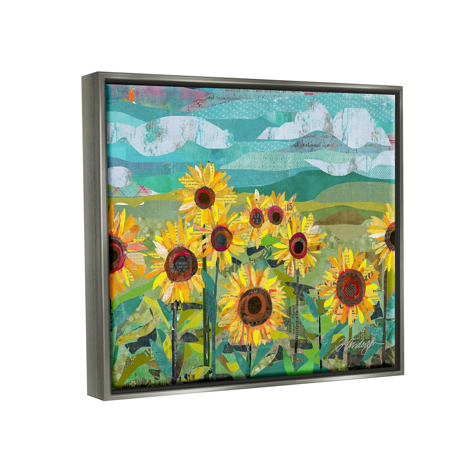 Stupell Industries Collaged Sunflower Field Abstract Layered Ephemera Meadow Graphic Art Luster Gray Floating Framed Canvas Print Wall Art, Design by Traci Anderson