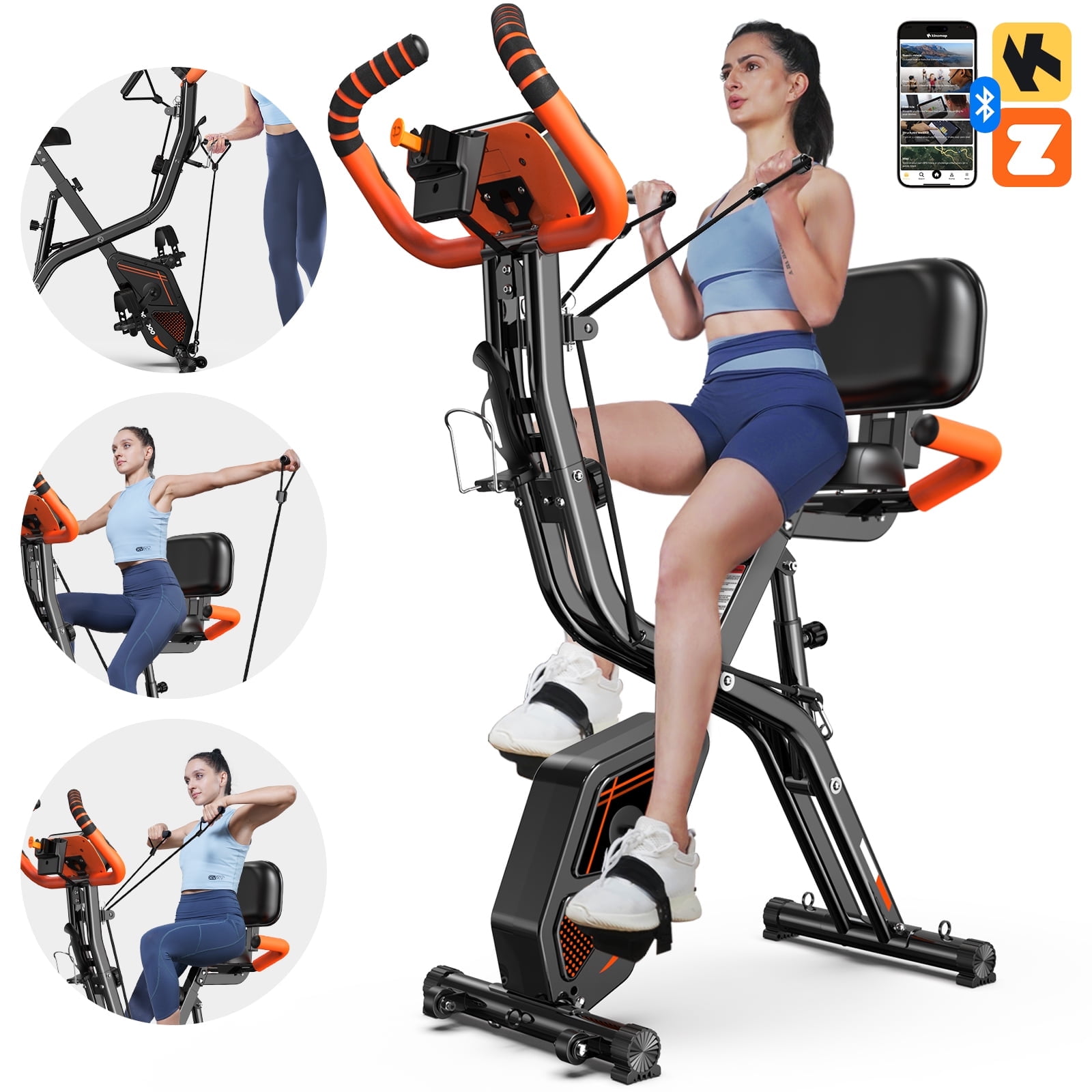 Pooboo 4-in-1 Exercise Bike Folding Magnetic Stationary Bycycle with Arm Resistance Bands Home Cardio Bike