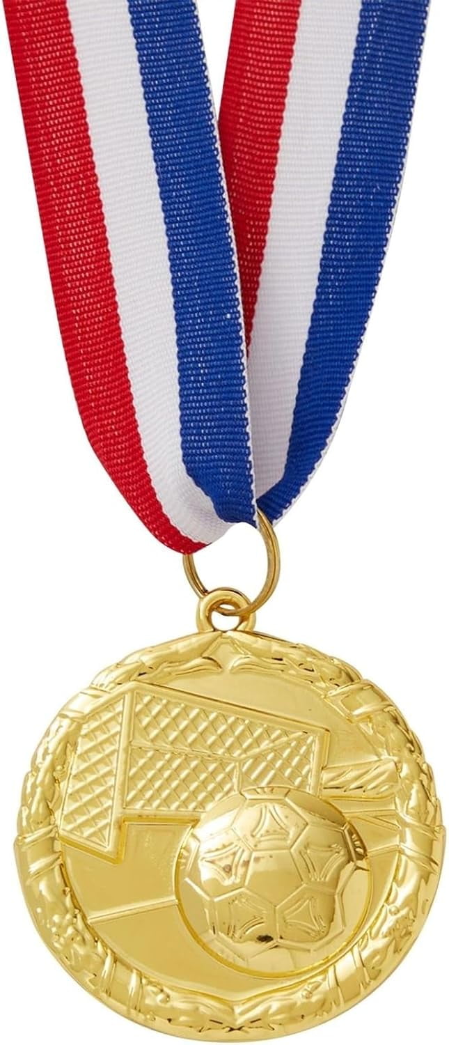12 Pack Award Medals for Adults - Team Participation Trophies with Red, White, and Blue Striped Ribbon, Sports Themed Party Favors (2 in, Metal, Gold)