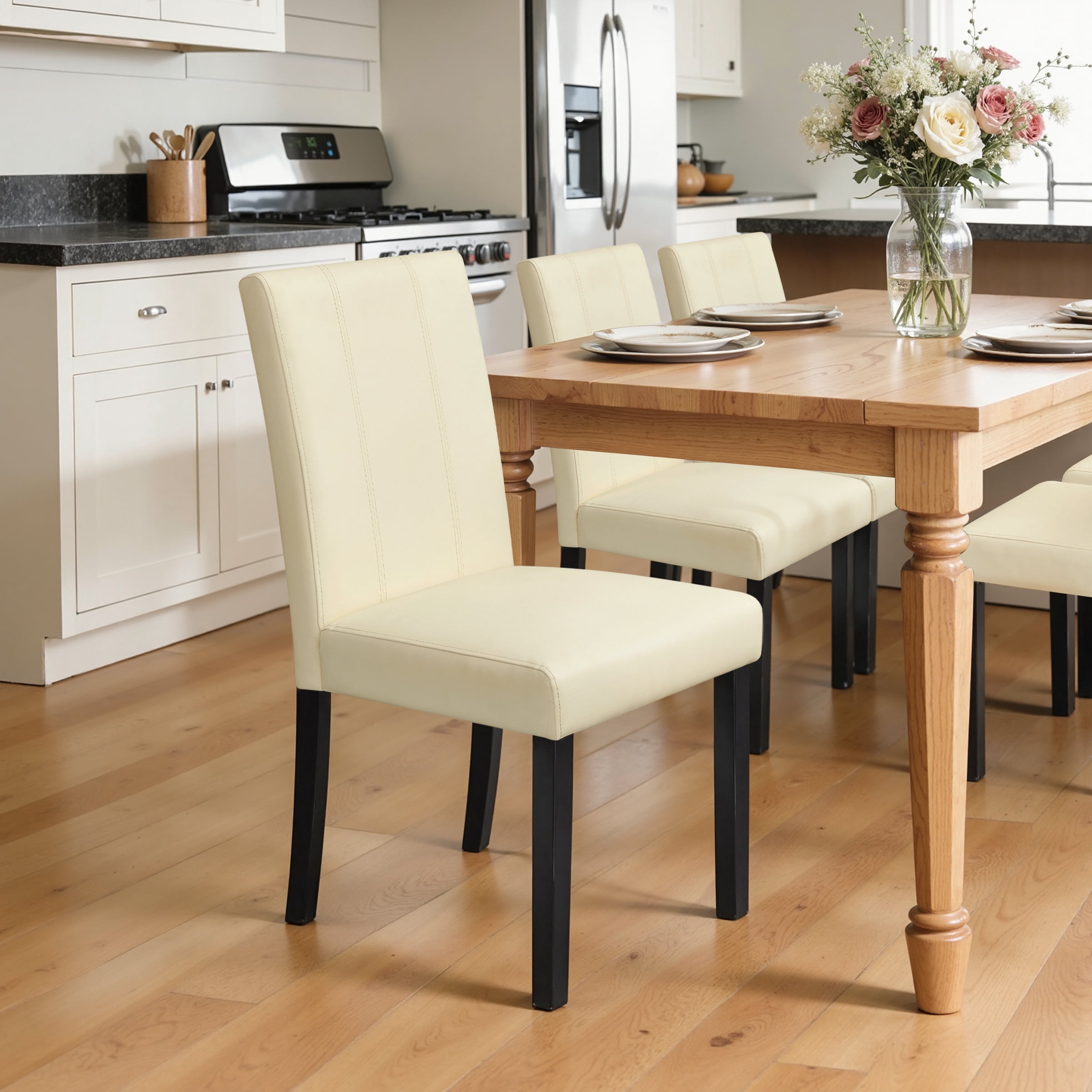 Modern Faux Leather Dining Chairs Set of 4 for Dining Room, Upholstered Parsons Chairs, Ivory